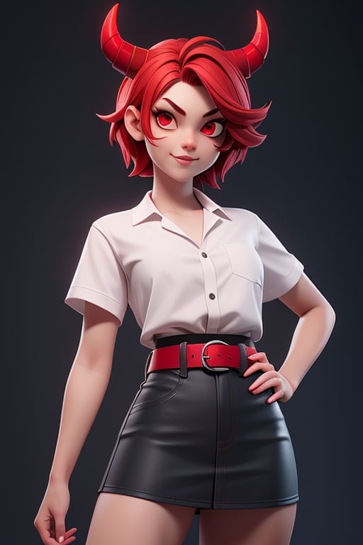 demon girl, red short spike hair, wearing a white shirt, black miniskirt and red belt, red skin, perfect face, perfect body, posing, simple backgorund ,3DMM