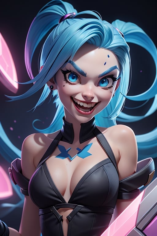 Jinx from League of Legends, wonderful girl, blue hair, pink eyes, perfect composition, masterpiece, fantastic face, big evil smile, dynamic pose, halfbody, 