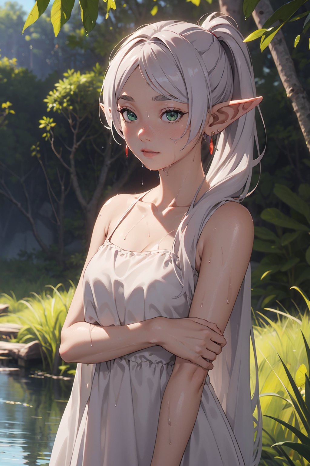 1girl, solo, elf, white hair, grey hair, earrings, pointy ears, long hair, ponytail, green eyes, twintails, parted bangs, thick eyebrows
rainforest wetland in background, closed mouth,

Detailed face, ultra-detailed, bright Asian wet glossy skin, high quality skin texture rendering, masterpiece, (natural small breasts, masterpiece, highest quality), (realistic, photo-realistic),  masterpiece, best quality, cowboy_shot