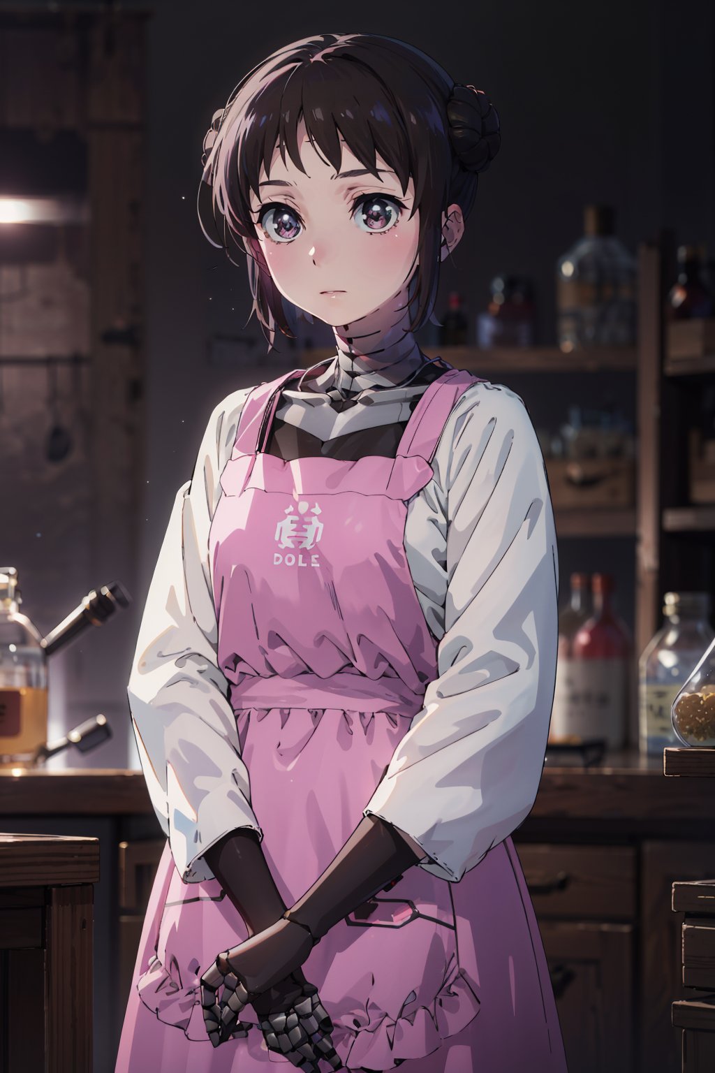 robot_girl, hair bun, ( metalic neck), expressionless, 
indoors, apron, blurry_background, (pink dress), long sleeves, ((white sleeves)),
bright_background, cowboy_shot, 