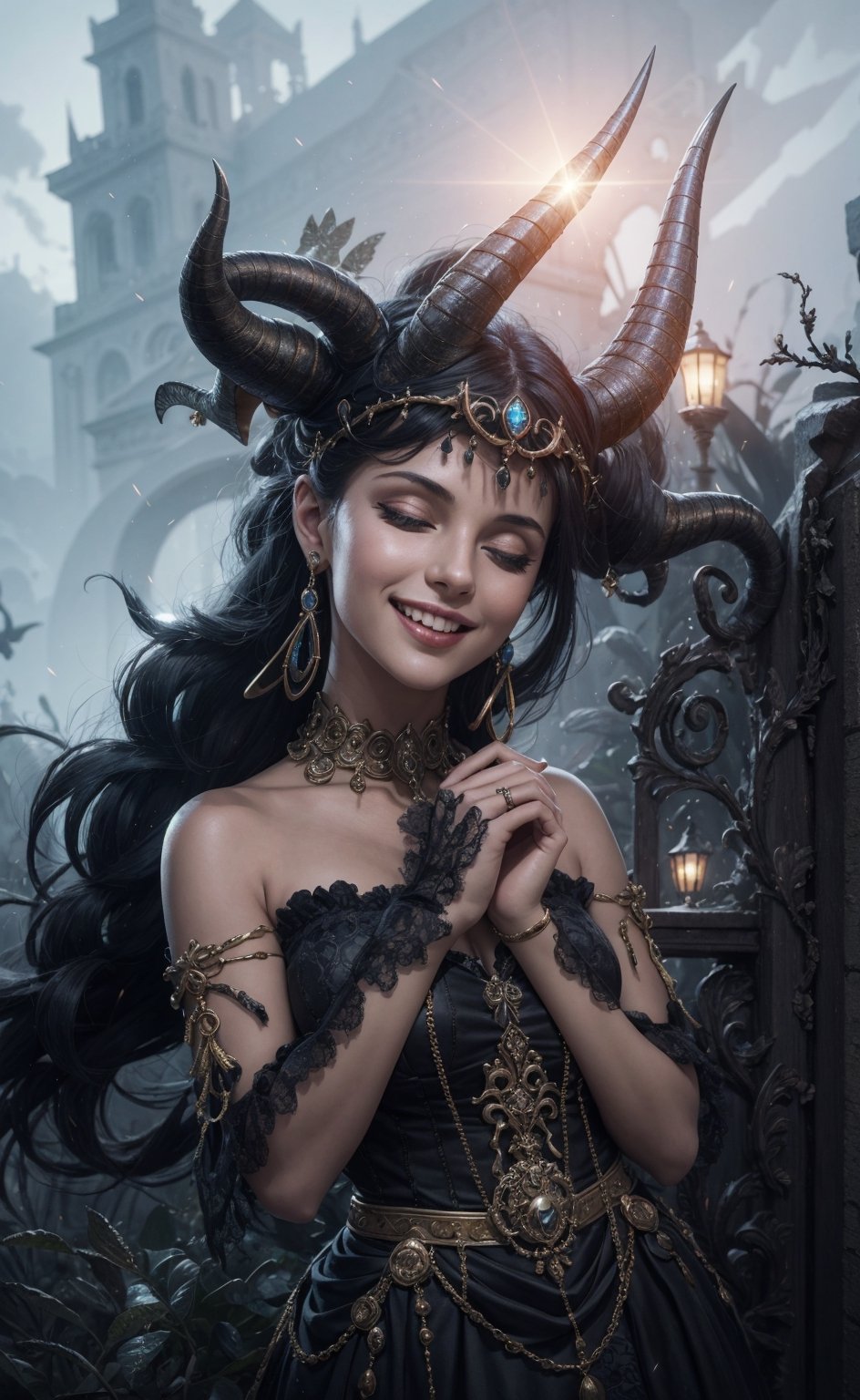 (beutifull young girl), demoness, close eyes, happy face, smiling,  gothic style, satanic glowing horns , golden and black dress, hell background ,fantasy art, (RAW photo, best quality), (realistic, photo-Realistic:1.3), best quality, masterpiece,  16K, (HDR:1.4), high contrast, (vibrant color:1.4), (muted colors, dim colors, soothing tones:0), cinematic lighting, ambient lighting, sidelighting, Exquisite details and textures, cinematic shot, ( Best quality at best ), ( ultra-HD ), ( perfect light ), ( perfect details ) , ((Best quality)), ,more detail XL,More Detail,RinGamod