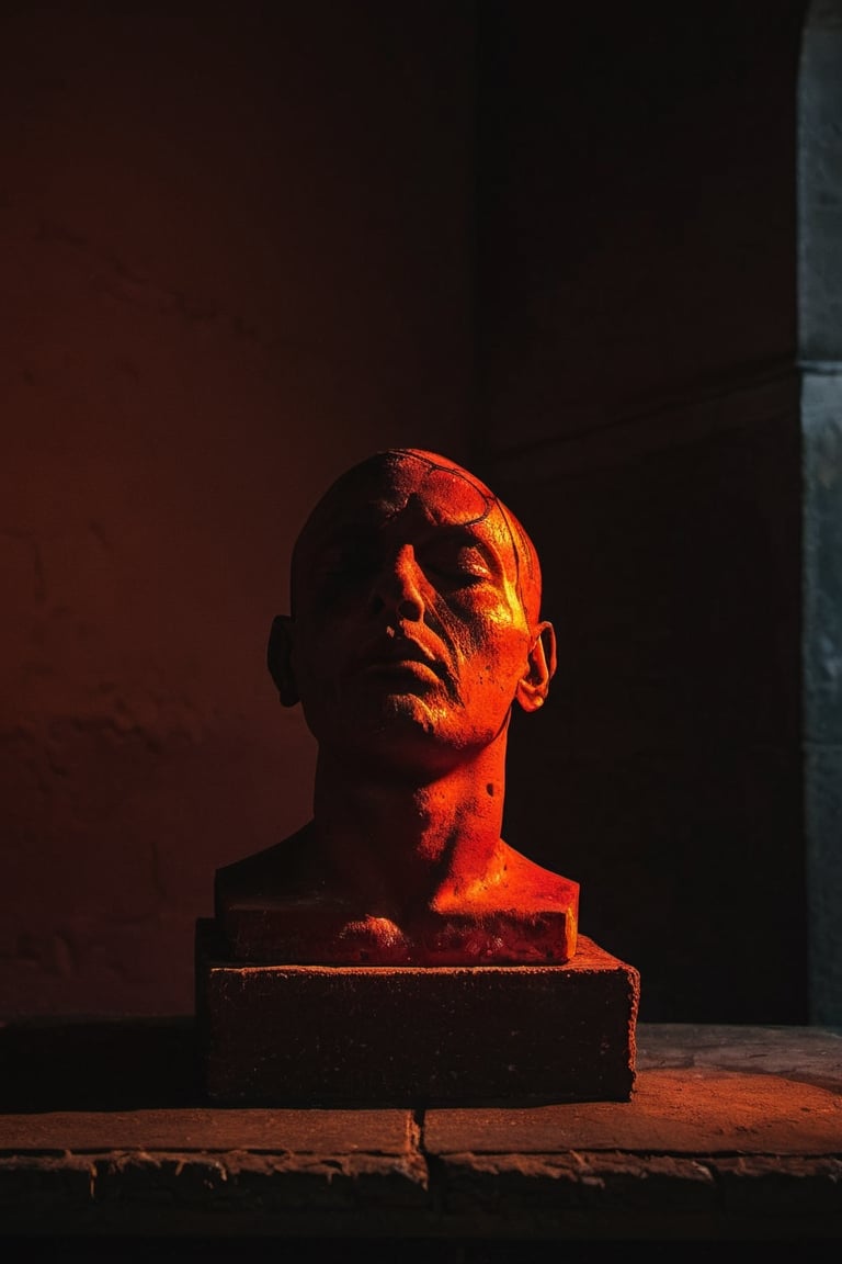 Bloody realistic Severed human head, eyes closed, resting on a stone pedestal, BREAK darkened room, candlelight, worn and aged stone walls, cobwebs in corners, BREAK Eerie, unsettling, BREAK Digitally rendered, hyperrealistic style, BREAK Flickering candlelight, casting long shadows, gothic atmosphere, lens flare from candle, BREAK Macro perspective, gritty detail, 16K resolution