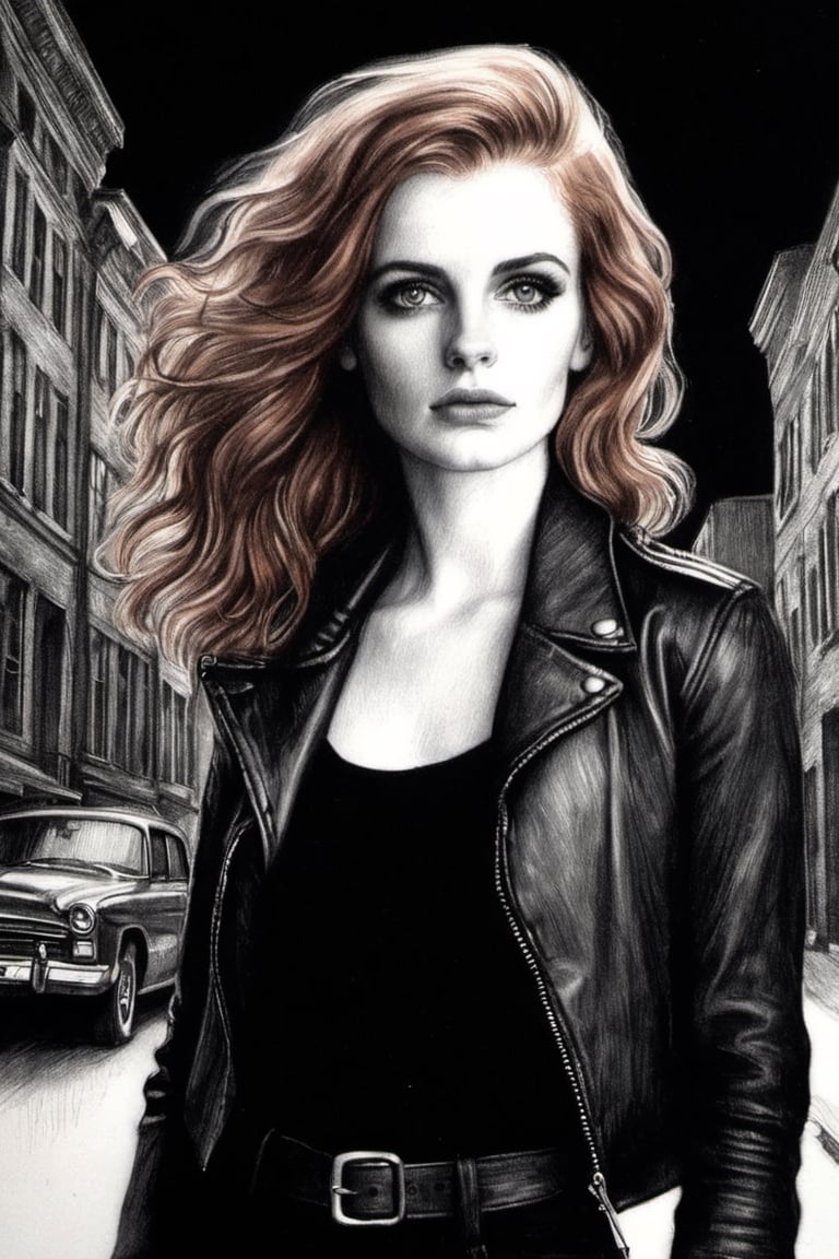 Following the aforementioned formula, here's a sample prompt for the provided subject:

"Confident 20-year-old woman, standing alone in the middle of a desolate street at night, BREAK wearing a leather jacket, ripped jeans, her auburn hair wild and free, surrounded by dimly lit buildings, BREAK defiant, mysterious, BREAK Pencil draw, BREAK Illuminated by a single overhead street lamp, casting long, dramatic shadows, BREAK Shot from a low-angle perspective, with a depth of field effect, BREAK High-resolution, emphasis on the texture of her clothing and the grunginess of the street.",Pencil Draw