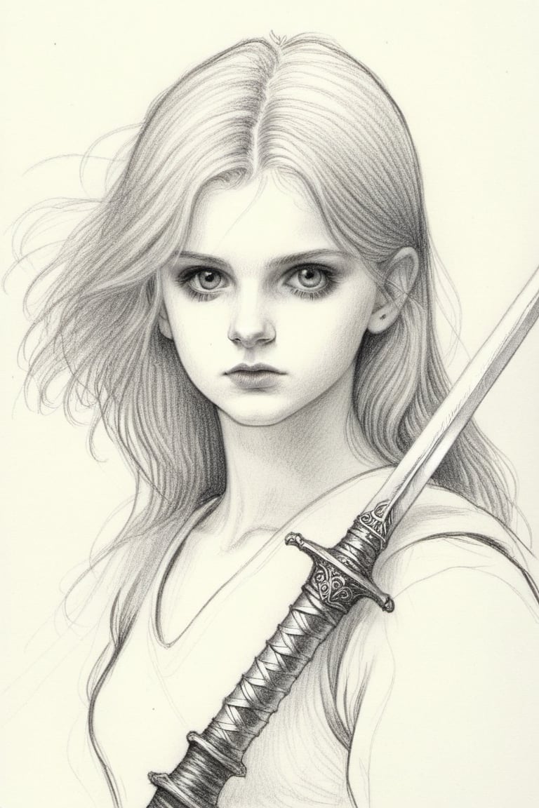 Pencil Draw, young girl hold a sword