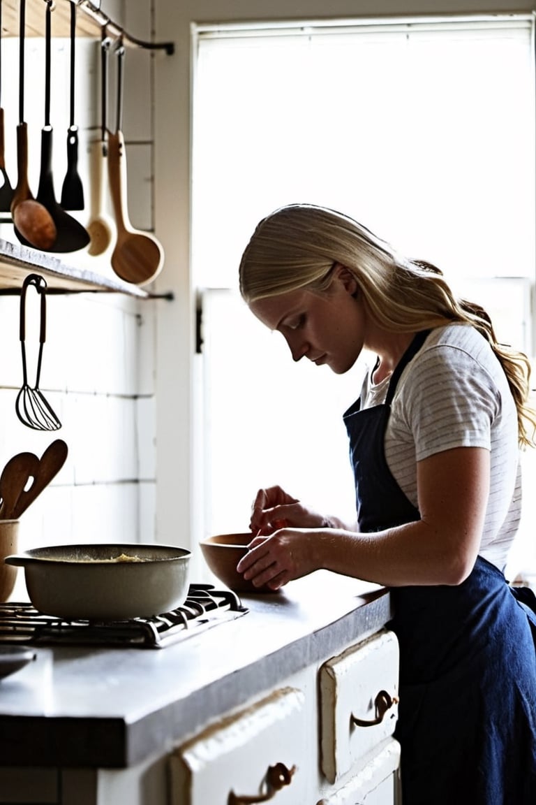 "Upper body photograph of a girl in a cozy kitchen, engrossed in baking, BREAK with elements like vintage wooden furniture, assorted baking tools scattered, flour dusted on the countertop, and a warm, just-baked pie cooling nearby, BREAK emanating feelings of joy, nostalgia, and homey comfort, BREAK digitally captured in a candid, photojournalistic style, BREAK illuminated by soft, natural daylight filtering through a nearby window, eliciting warm and inviting tones, BREAK shot from a comfortable, eye-level perspective, with a shallow depth of field that subtly blurs the background, BREAK in a high-definition, crisp, and finely detailed manner."