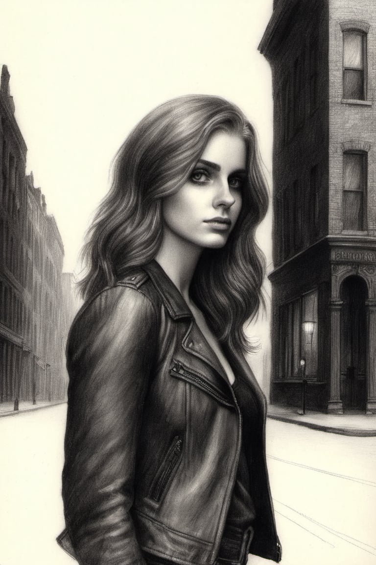 Following the aforementioned formula, here's a sample prompt for the provided subject:

"Confident 20-year-old woman, standing alone in the middle of a desolate street at night, BREAK wearing a leather jacket, ripped jeans, her auburn hair wild and free, surrounded by dimly lit buildings, BREAK defiant, mysterious, BREAK Pencil draw, BREAK Illuminated by a single overhead street lamp, casting long, dramatic shadows, BREAK Shot from a low-angle perspective, with a depth of field effect, BREAK High-resolution, emphasis on the texture of her clothing and the grunginess of the street.",Pencil Draw