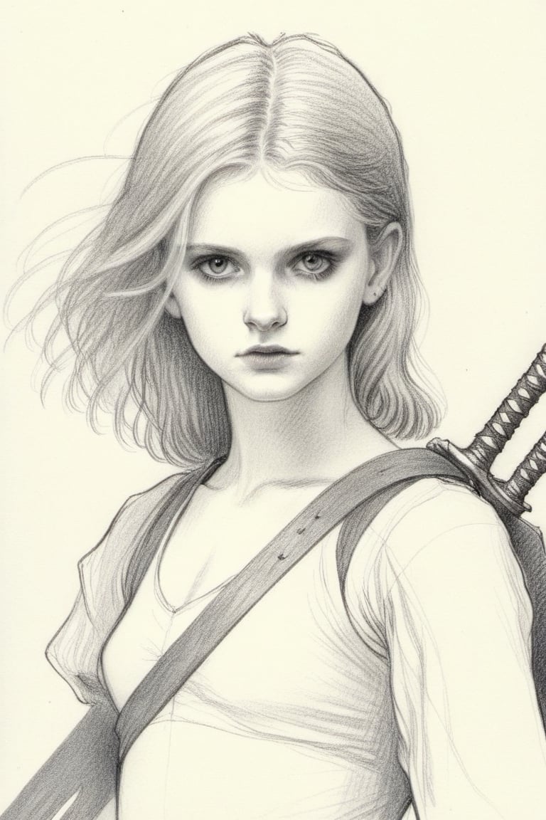 Pencil Draw, young girl hold a sword