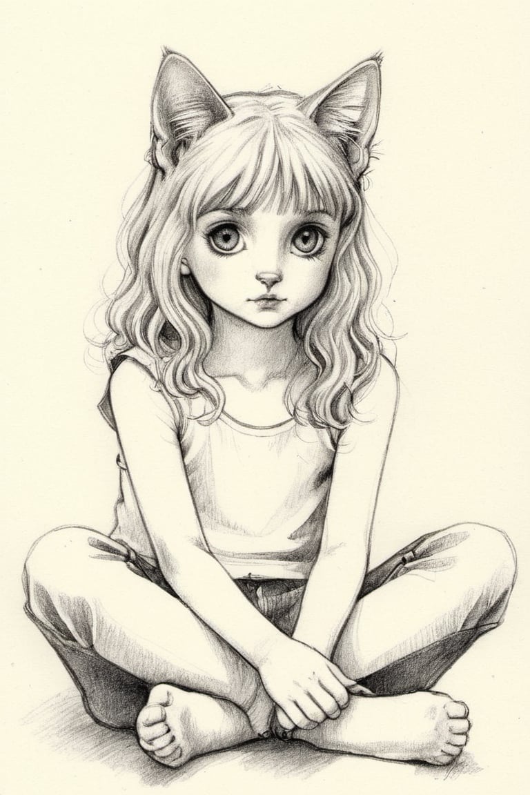 "An adolescent girl, thoughtful gaze, sitting cross-legged on her bedroom floor, BREAK Surrounded by scattered sketchbooks, a kaleidoscope of colored pencils strewn about, her loyal cat curled up nearby, BREAK Contemplative, cozy, BREAK Pencil drawing, realistically capturing textures and emotions, BREAK Warm, soft indoor lighting, casting gentle shadows, a close-up perspective with a shallow depth of field, BREAK Intricately detailed, high resolution."