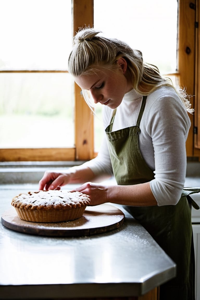 "Upper body photograph of a girl in a cozy kitchen, engrossed in baking, BREAK with elements like vintage wooden furniture, assorted baking tools scattered, flour dusted on the countertop, and a warm, just-baked pie cooling nearby, BREAK emanating feelings of joy, nostalgia, and homey comfort, BREAK digitally captured in a candid, photojournalistic style, BREAK illuminated by soft, natural daylight filtering through a nearby window, eliciting warm and inviting tones, BREAK shot from a comfortable, eye-level perspective, with a shallow depth of field that subtly blurs the background, BREAK in a high-definition, crisp, and finely detailed manner."