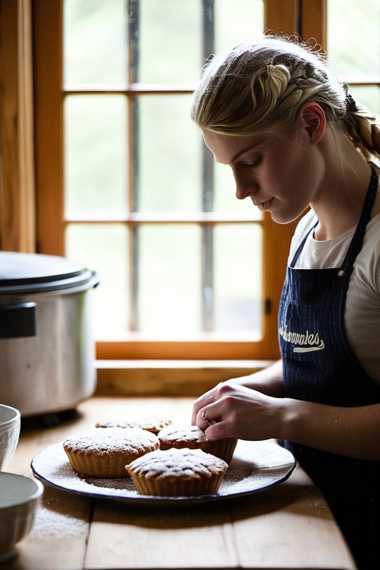 "Upper body photograph of a girl in a cozy kitchen, engrossed in baking, BREAK with elements like vintage wooden furniture, assorted baking tools scattered, flour dusted on the countertop, and a warm, just-baked pie cooling nearby, BREAK emanating feelings of joy, nostalgia, and homey comfort, BREAK digitally captured in a candid, photojournalistic style, BREAK illuminated by soft, natural daylight filtering through a nearby window, eliciting warm and inviting tones, BREAK shot from a comfortable, eye-level perspective, with a shallow depth of field that subtly blurs the background, BREAK in a high-definition, crisp, and finely detailed manner."