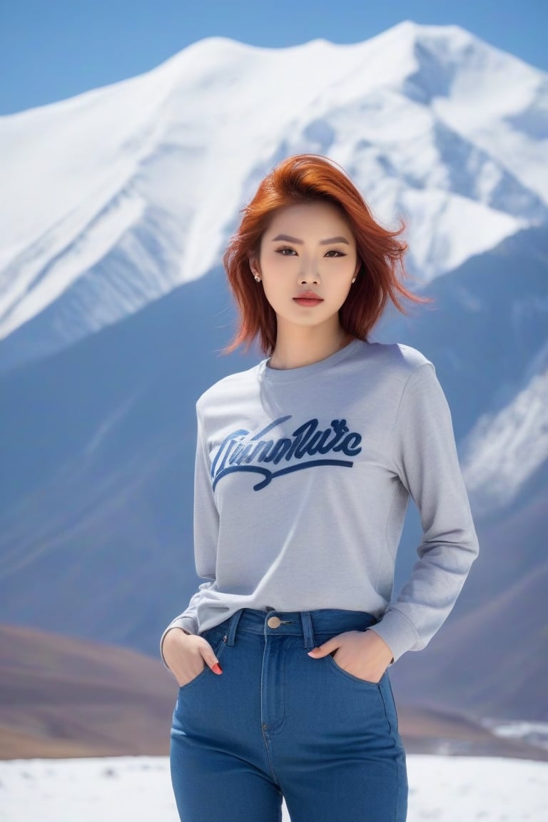 A stunning Han Chinese model stands confidently against the snow-capped mountain range, modern hairstyle with crisp lines accentuating her striking facial features. Wearing classic jeans, a crisp T-shirt embroided words "TENSOR ART"-great logo, and sleek sneakers, she exudes timeless elegance. Her piercing eyes engage the viewer, conveying interest as she strikes a sultry pose, showcasing her captivating beauty sans makeup. Framed by the 85mm lens at f/1.4, her fiery red hair is styled to perfection, complementing porcelain skin with a rosy glow.