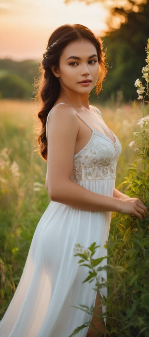 A serene meadow at sunset's warm light bathes the scene, as a stunning girl in delicate white dress poses provocatively, shoulder subtly leaning forward, showcasing petite frame and alluring gaze. The camera frames her full figure from a side angle, highlighting sensual posture amidst lush greenery and vibrant flowers, with soft focus on the subject's inviting expression and delicate features.