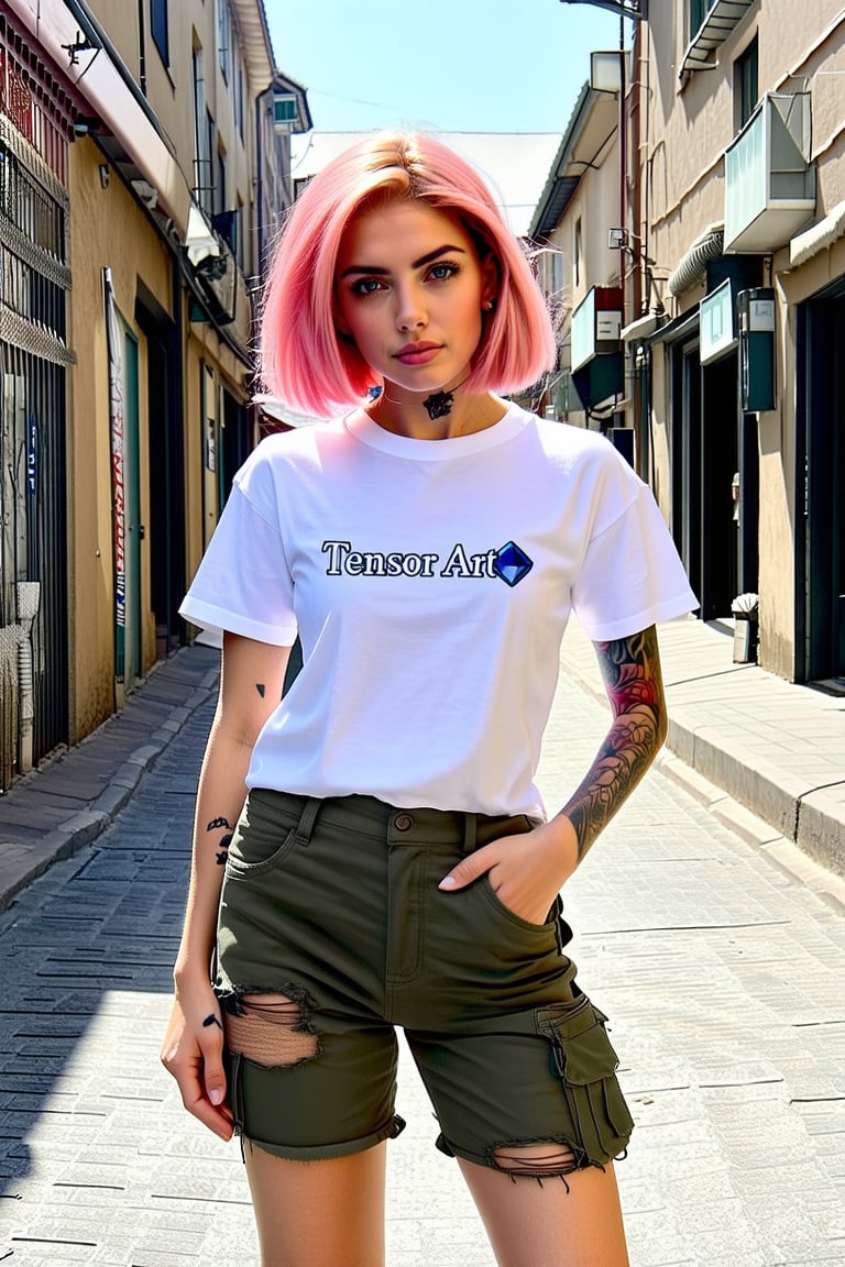 T-shirt embroided words "TENSOR ART"-great logo.

Imagine Ayu Kirei Mooi standing confidently amidst a labyrinthine urban environment, her vibrant pixie-cut hair and perfect, porcelain skin with a rosy glow contrasting with the gritty city alleyways. She wears a torn white t-shirt embroidered with TENSOR ART and camouflage cargo shorts, adorned with intricate tattoos and The Hope Diamond Jewelry around her neck. Her toned arms are visible, and she exudes urban sophistication.

Annie Leibovitz captures Ayu's essence using a Nikon D850 with an 85mm lens at f/1.4, showcasing her in various angles that blend seamlessly with the subject-centered photography. The dramatic lighting highlights her features, emphasizing her cultural fusion and individuality. The setting's detailed urban backdrop adds depth and realism to the photograph.

In this masterpiece, Ayu Kirei Mooi is immortalized as a symbol of contemporary beauty and cultural diversity, encapsulating her physical allure and the vibrant essence of urban life.