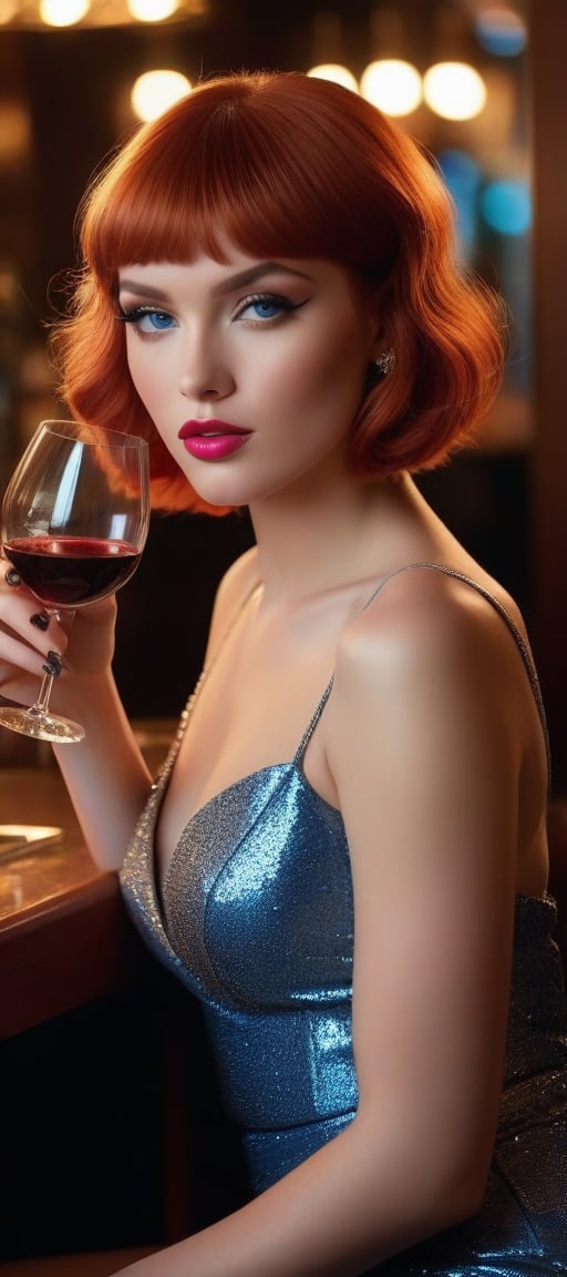 Valerina's sultry gaze pierces through soft, golden light, her fiery red bob and blunt bangs framing piercing blue eyes that sparkle with subtle intensity as she savors a cigarette curling upwards from her left hand, wine glass held steady in her right. Legs crossed at the ankles in high heels, she exudes effortless elegance amidst cozy bar decor: dim lighting, warm tones, and vintage flair. Camera angles capture flawless skin, subtle pink lips, and radiant beauty highlighting captivating features from every angle, showcasing her exotic and enchanting figure in stunning ultra- HD detail.