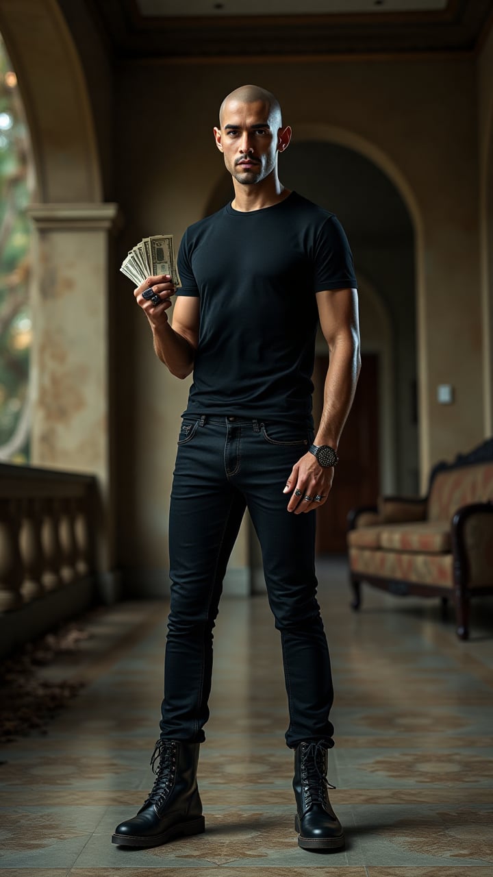 Create a hyper-realistic image of Jaya Aksara, a 30-year-old male, standing at 5'10" with a fit build and pale skin, completely hairless. He stands confidently, holding a bundle of cash in his right hand and a striking black diamond in his left, set against the backdrop of a luxurious yet abandoned home. He wears a fitted black T-shirt, tailored black jeans, and rugged black boots, accessorized with eye-catching rings that add to his allure. The camera captures a direct, engaging angle that showcases his charisma and strength. The decayed grandeur of the architecture contrasts sharply with his effortlessly cool demeanor. Utilize cinematic lighting to create dramatic shadows that filter through broken windows, enhancing the atmosphere. Ensure the image is in HD quality with impeccable detail, achieving an ultra-realistic portrayal.