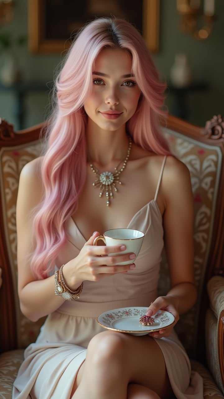 A stunning young woman sits solo on a ornate chair, her long, flowing pink hair cascading down her back. Her brown eyes lock onto the viewer's gaze, inviting intimacy. A delicate dress hugs her curves, adorned with sparkling jewelry - a necklace and bracelet that catch the soft light. Her lips curve into a gentle smile as she holds a dainty teacup in one hand, its saucer resting on the chair's armrest. A wristwatch glints on her wrist, adding to the realistic charm. The overall effect is a captivating photo inset that draws the viewer in.,Photography