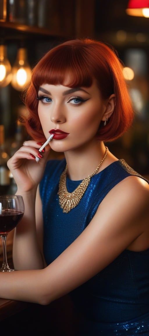 Valerina's sultry gaze pierces through soft, golden light as she poses effortlessly amidst cozy bar decor: dim lighting, warm tones, and vintage flair. Her fiery red bob and blunt bangs frame piercing blue eyes that sparkle with subtle intensity, wine glass held steady in her right hand while a cigarette curls upwards from her left. Legs crossed at the ankles in high heels, Valerina exudes effortless elegance, flawless skin, and radiant beauty highlighted by camera angles showcasing captivating features from every angle in stunning ultra-HD detail.