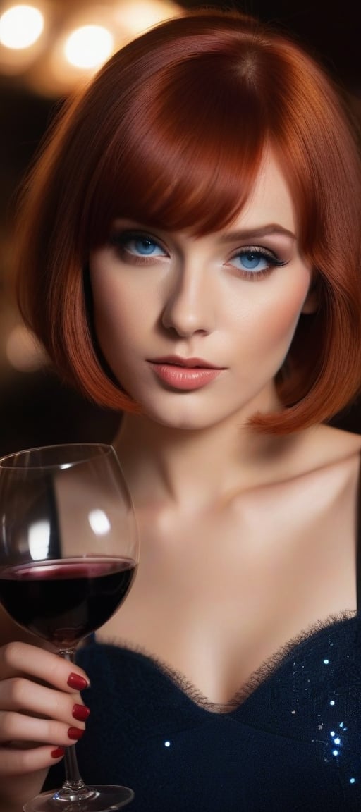 Valerina's sultry gaze meets the viewer under soft lighting, her fiery red hair styled in a chic bob cut and blunt bangs framing piercing blue eyes sparkling with subtle intensity. She poses confidently, cigarette smoke curling upwards as she holds it in her left hand, wine glass cradled in her right. Her flawless clear skin glows with a rosy tone amidst the cozy bar setting's dim lighting, warm tones, and vintage decor. The camera captures her radiant beauty from various angles, showcasing her captivating features in ultra-realistic HD.