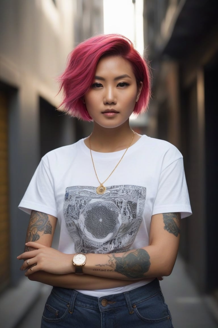 T-shirt embroided words "TENSOR ART"-great logo.

Imagine Ayu Kirei Mooi standing confidently amidst a labyrinthine urban environment, her vibrant pixie-cut hair and perfect, porcelain skin with a rosy glow contrasting with the gritty city alleyways. She wears a torn white t-shirt embroidered with TENSOR ART and camouflage cargo shorts, adorned with intricate tattoos and The Hope Diamond Jewelry around her neck. Her toned arms are visible, and she exudes urban sophistication.

Annie Leibovitz captures Ayu's essence using a Nikon D850 with an 85mm lens at f/1.4, showcasing her in various angles that blend seamlessly with the subject-centered photography. The dramatic lighting highlights her features, emphasizing her cultural fusion and individuality. The setting's detailed urban backdrop adds depth and realism to the photograph.

In this masterpiece, Ayu Kirei Mooi is immortalized as a symbol of contemporary beauty and cultural diversity, encapsulating her physical allure and the vibrant essence of urban life.,SD 3