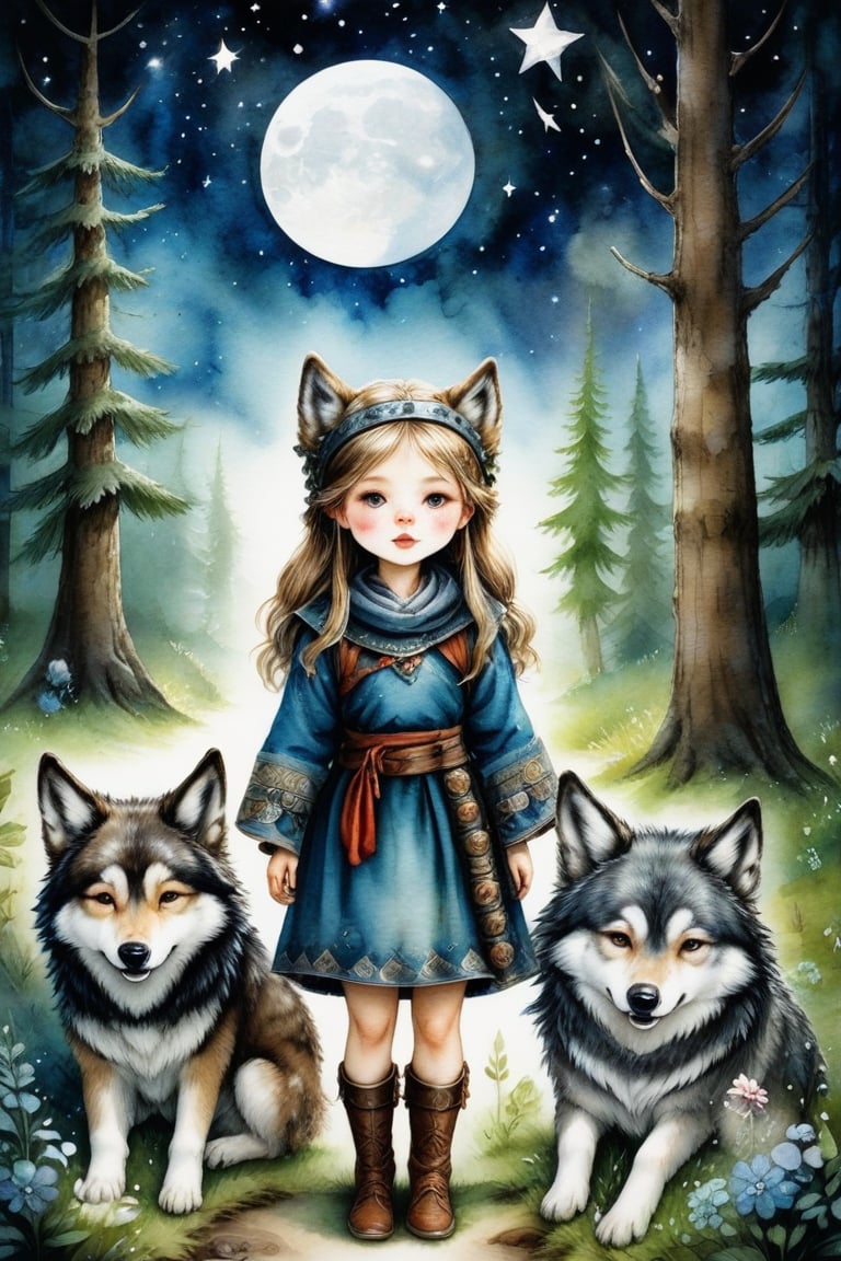 fairy tale, Myths from another world, perfect sky, moon and shooting stars, strange forest, trees, old Norse, A little nordic girl,(wearing a mask with a wolf face),,wolves, watercolor \(medium\), jewelry, two moaning wolves as pets, Viking girl, the small girl has sheepskin boots, clothing made of skins, weapons made of bones and metal