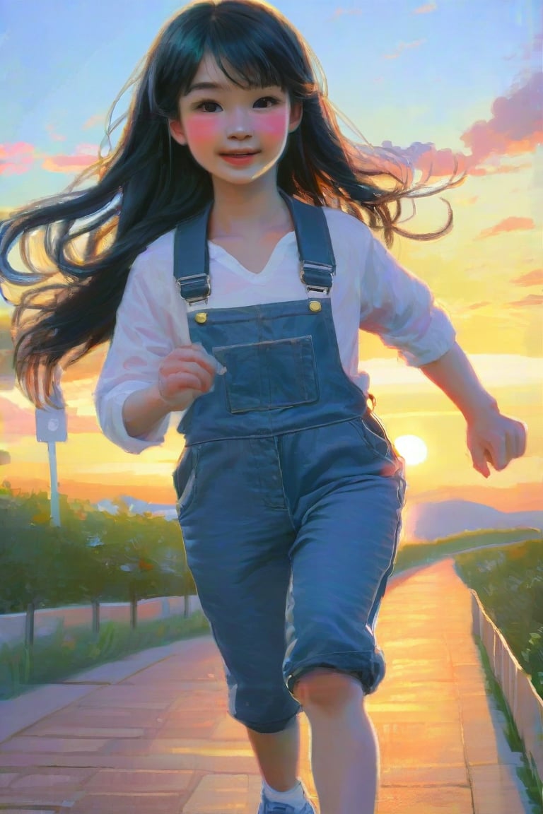 (((score_9, score_8_up, score_7_up, best quality, 4K, 8K, high-resolution, masterpiece, ultra-detailed, realistic, photorealistic))), (((1girl, solo, black hair, outdoors, shoes, sneakers, walking, sunset, running, realistic, sun, overalls))),(((high resolution, extremely sharp, ultra-real, extremely detailed, an ultra-realistic photograph captured with a Sony α7 III camera, equipped with an 85mm lens, depicting, The image, taken in high resolution.))),Claude Monet, pastel brushstrokes,Innocence Girl