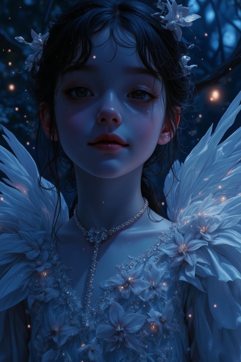 Beautifully captured, a mysterious realm unfolds as a Rococo-inspired young girl stands gracefully under a deep midnight-blue glow in 8K Ultra HD. Her upper body is framed by velvety fabrics embroidered with orchid motifs, shimmering with stardust. Articulated details illuminate her pose: silver strands of hair catch the moonlight, small crystal beads adorn her neckline, and wings gleam like translucent orchid petals. Her faint, dreamlike smile hints at mystery as glowing particles, like stars, float around her, inviting the viewer into a tranquil nocturnal dreamscape