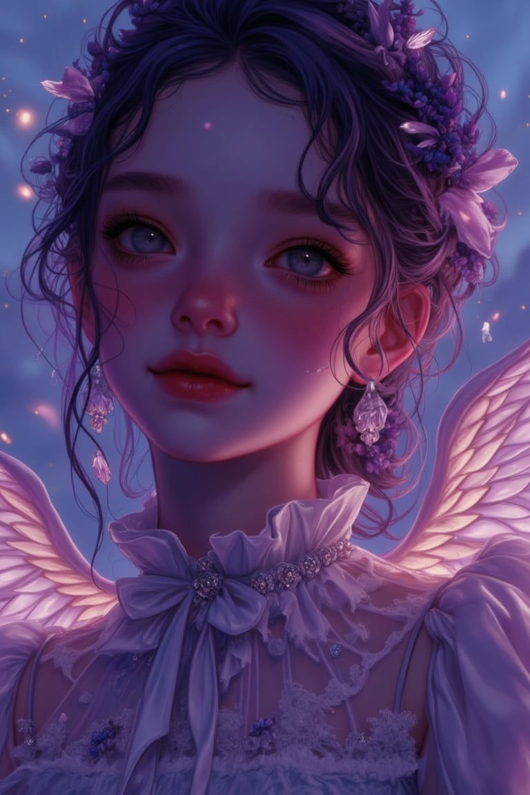 Beautifully captured, a Rococo-inspired young girl radiates elegance against a twilight backdrop of purples and blues in 8K Ultra HD. Her upper body is adorned with ribbons and delicate lace, with lavender buds decorating her neckline. Articulated details bring her to life: soft, loose waves in her violet-streaked hair shimmer in the evening glow, crystal droplets glisten on her collar, and her wings, shaped like lavender petals, catch the fading light. A soft, mysterious smile plays on her lips as glowing light particles drift around, inviting the viewer into this dreamy twilight world