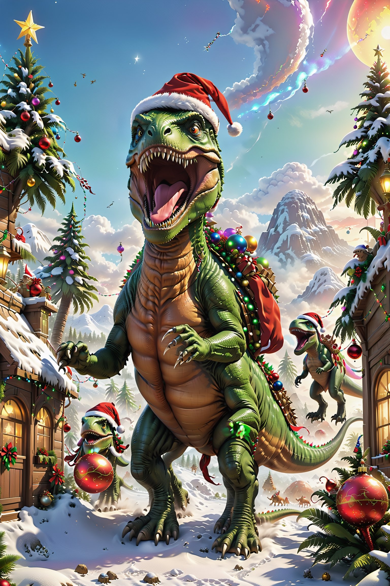 Santa Claus rides on the back of a Tyrannosaurus Rex in this amazing scene that combines traditional Christmas imagery wit...