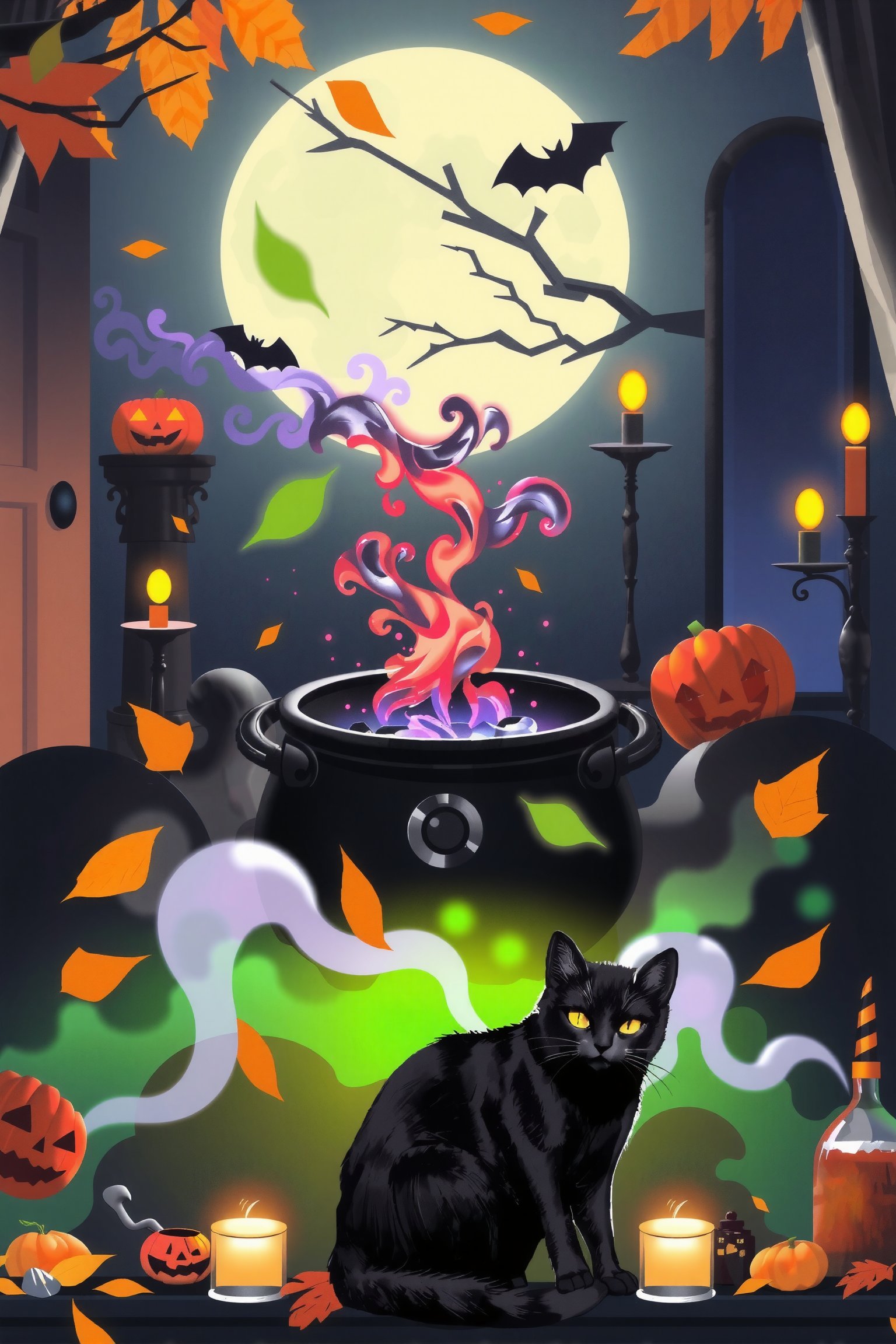 A bewitching scene unfolds: A cauldron's murky brew bubbles with swirling purple and green potions, set against a backdrop of jack-o'-lanterns aglow, cobweb-encrusted candelabras casting long shadows, and autumn leaves rustling softly in the breeze. In the foreground, a sleek black cat sits serenely, its eyes burning like hot coals as the full moon casts an unearthly glow through the open doorways, beckoning the viewer into the mystical realm.