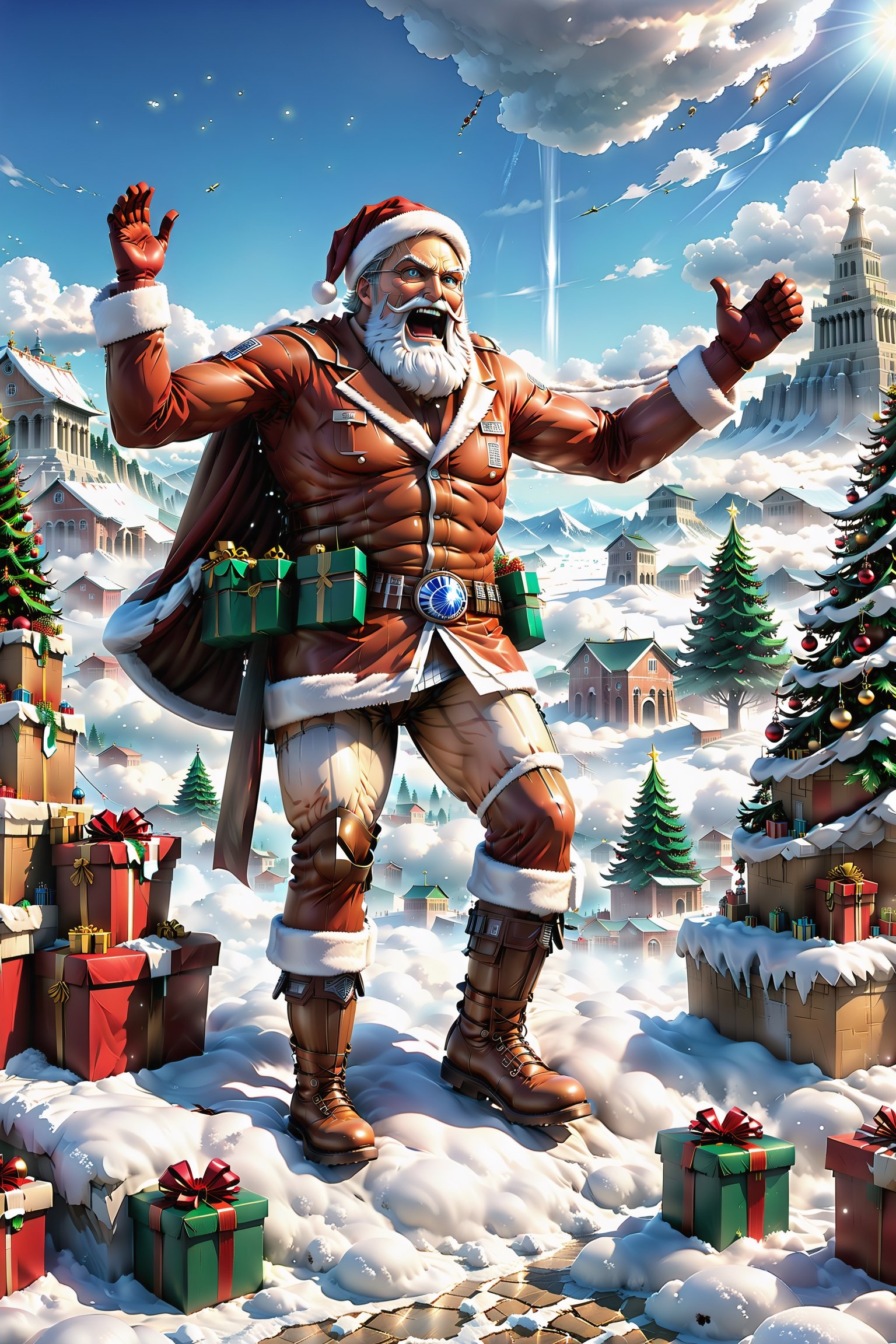 Santa Claus takes on a whole new look in this jaw-dropping scene as he rides atop a massive and imposing {(((attack on tit...