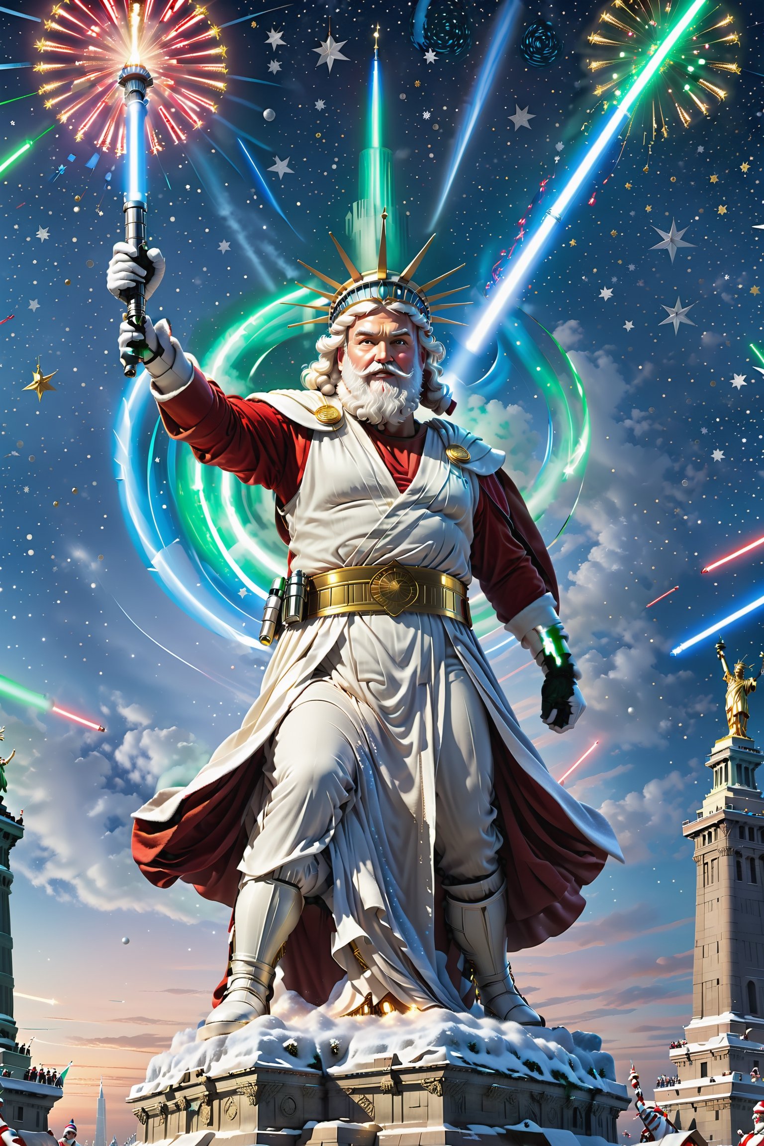 In this cheerful scene,  Santa Claus launches into a merry dance on top of the Statue of Liberty. The night sky is sprinkl...