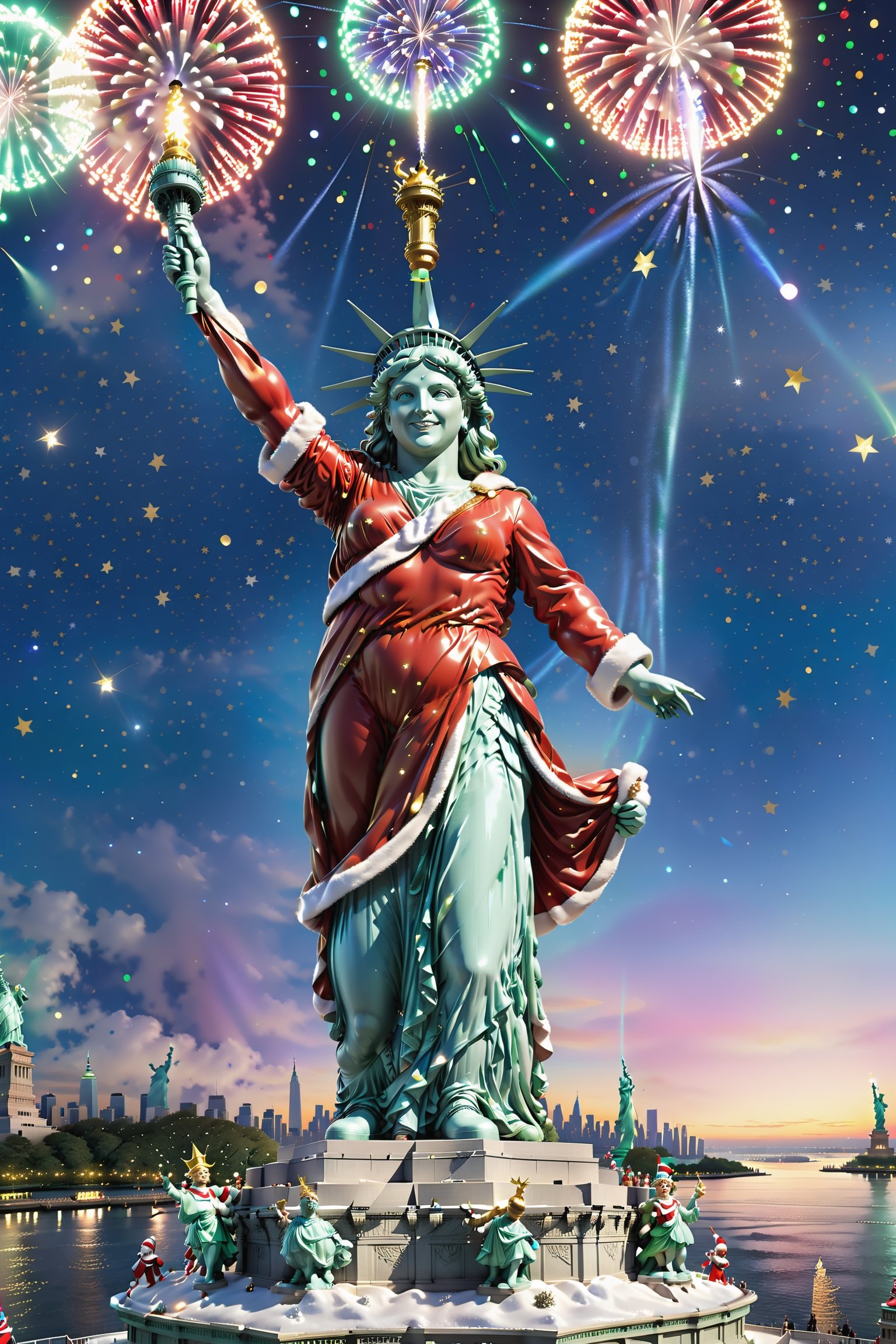In this cheerful scene,  Santa Claus launches into a merry dance on top of the Statue of Liberty. The night sky is sprinkl...
