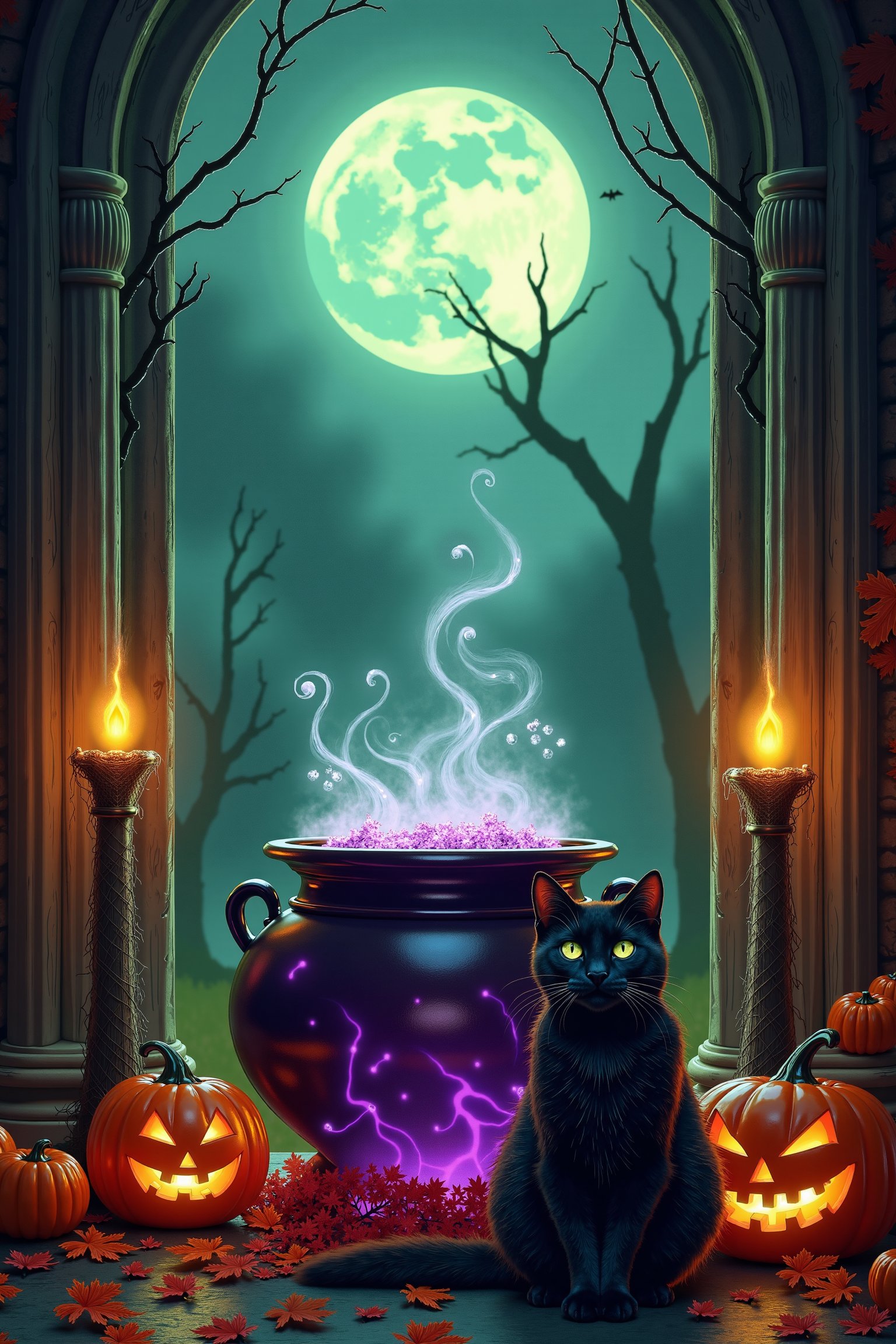 A hauntingly beautiful scene: A witch's cauldron bubbles over with a swirling mix of purple and green potions, surrounded by jack-o'-lanterns, cobweb-covered candelabras, and autumn leaves. In the foreground, a black cat sits calmly, eyes glowing like embers, as a full moon casts an eerie light through the open doorways.