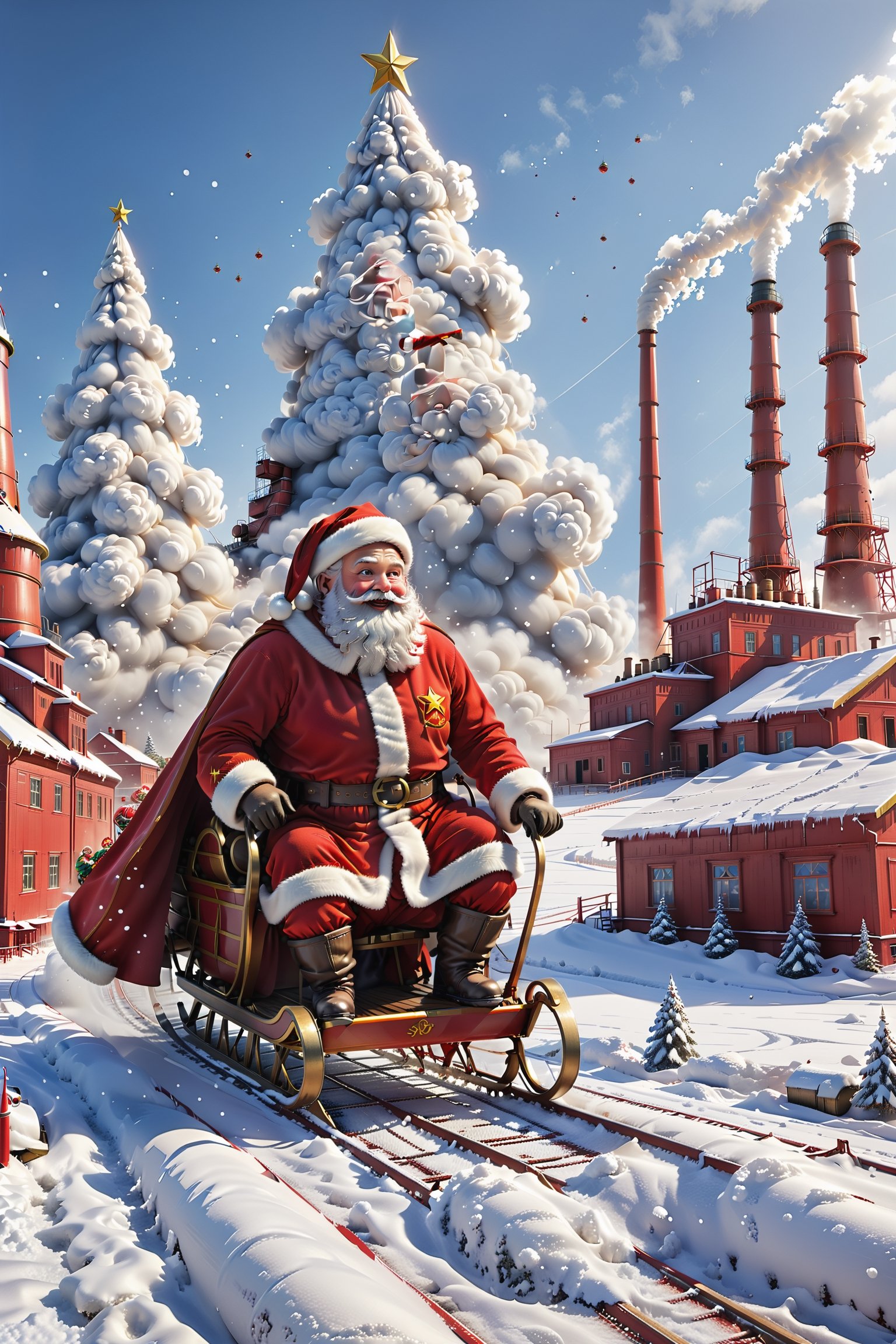In this unique scene,  Santa Claus is in a Soviet heavy industry setting and he is sledding across the industrial landscap...