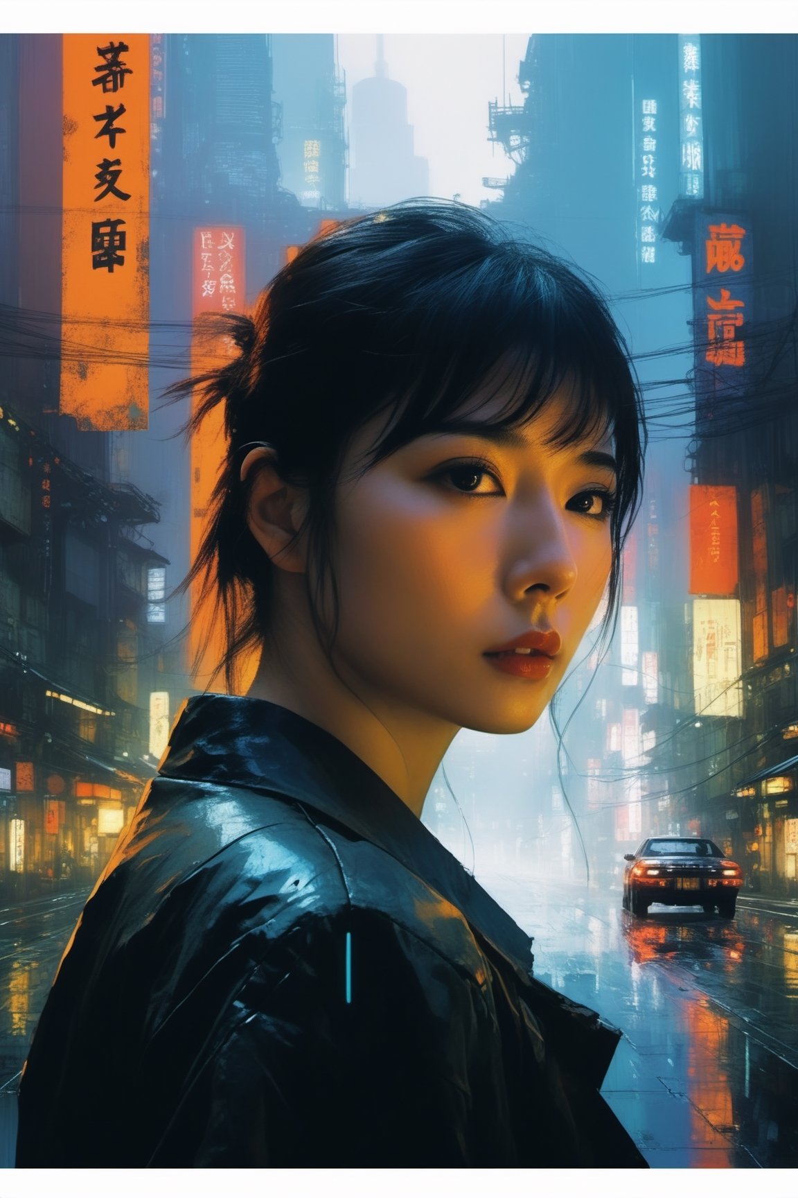 double exposure, blade runner city and  close up face of 1girl, art by Ian McQue,cyberpunk city,Tokyo Tower,