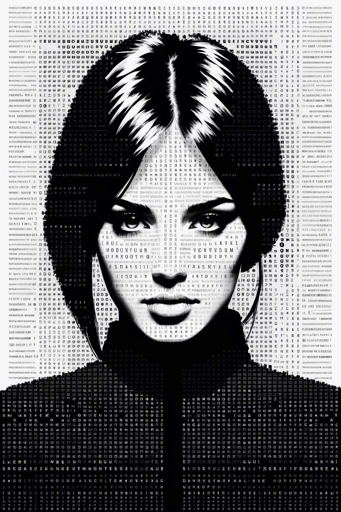 1girl,portrait composed of typographical elements,ASCII art aesthetic,monochrome,intricate details,creative use of letter shapes and negative space,high contrast,post-digital,