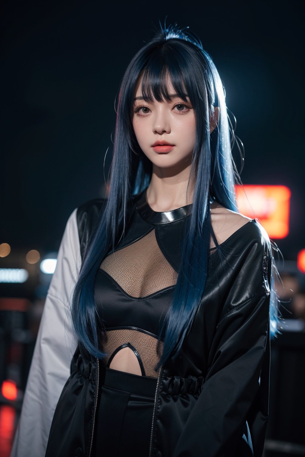 1girl,  long blue hair, (bangs:1.2),  half body,  showcase,  Tokyo tower,  Night,  low key lighting,  dutch angle,  , FilmGirl, mggirl, Mecha body, dream_girl, xxmixgirl
