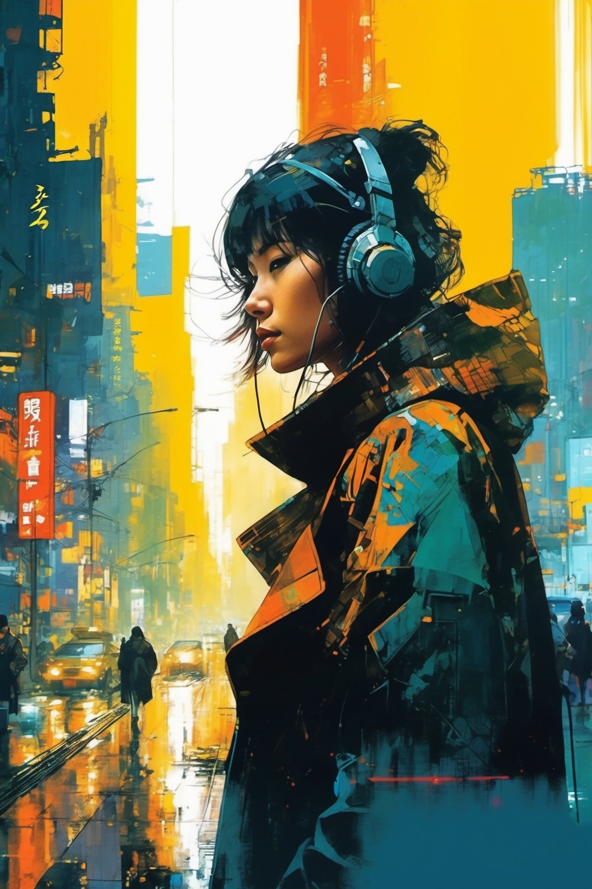 (double_exposure:1.5), blade runner city and  close up face of 1girl, art by Ian McQue,cyberpunk city,fuzzy coat,Taipei 101,