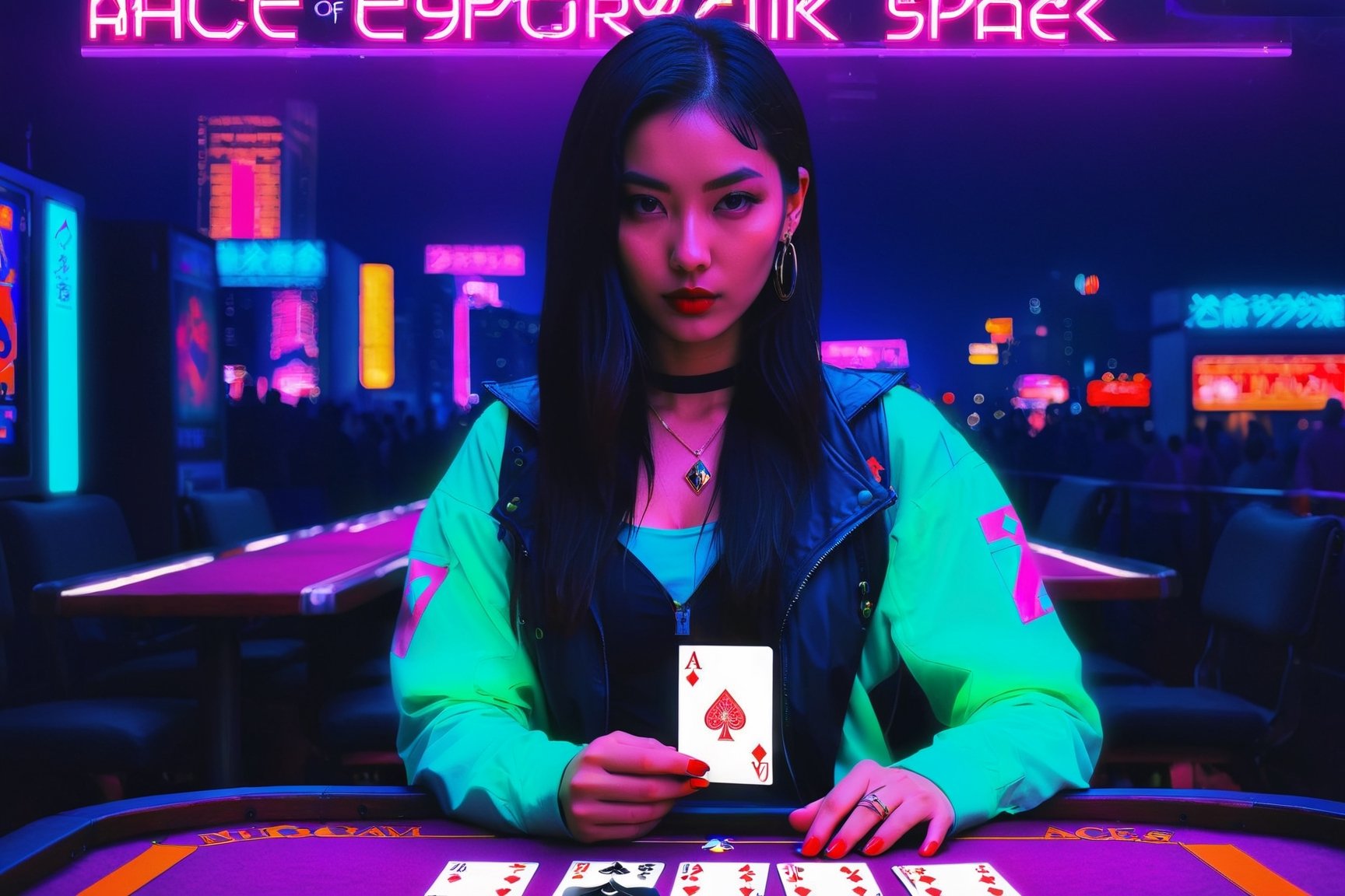 1girl, magician, show a deck of card, ace of spade,aw0k euphoric style,cyberpunk style