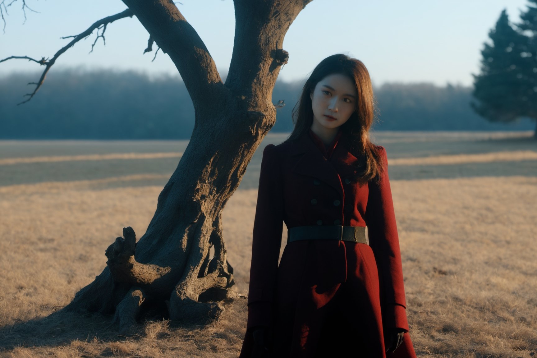 masterpiece, best quality, close up,girl standing under the dead tree, half body,black and red palette, eerie,mggirl,xxmixgirl