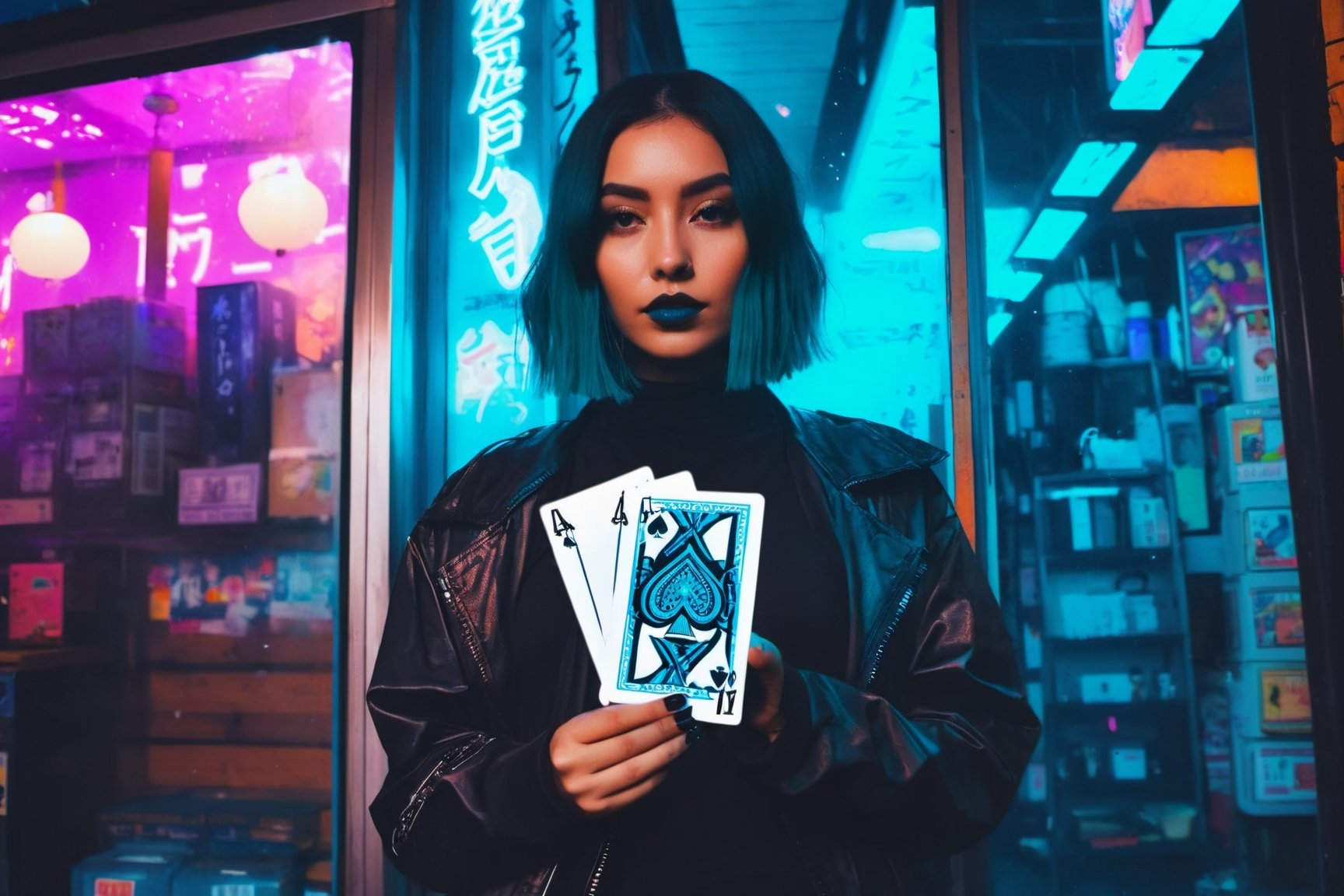 1girl, magician, show a deck of card, ink spary,ace of spade,floating dust,aw0k euphoric style,cyberpunk style