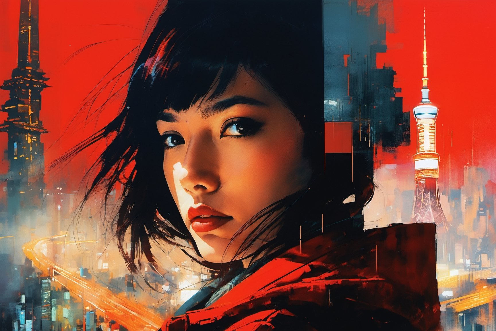 (double_exposure:1.5), blade runner city and  close up face of 1girl, art by Ian McQue,cyberpunk city,red fuzzy coat,Taipei 101,