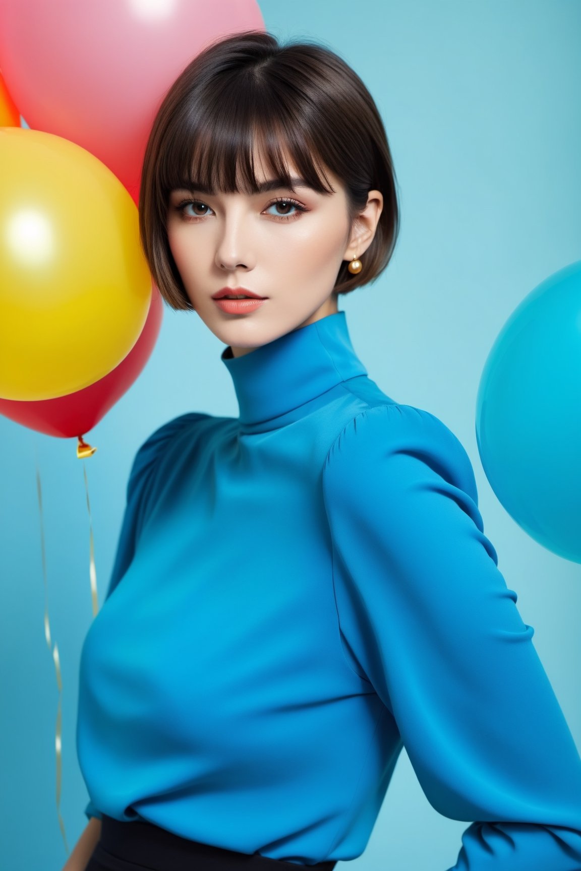 1girl,Vogue style (magazine_cover:1.5) ,short hair,bangs,fashion outfit, portrait , colorfull ballon background , blue splash