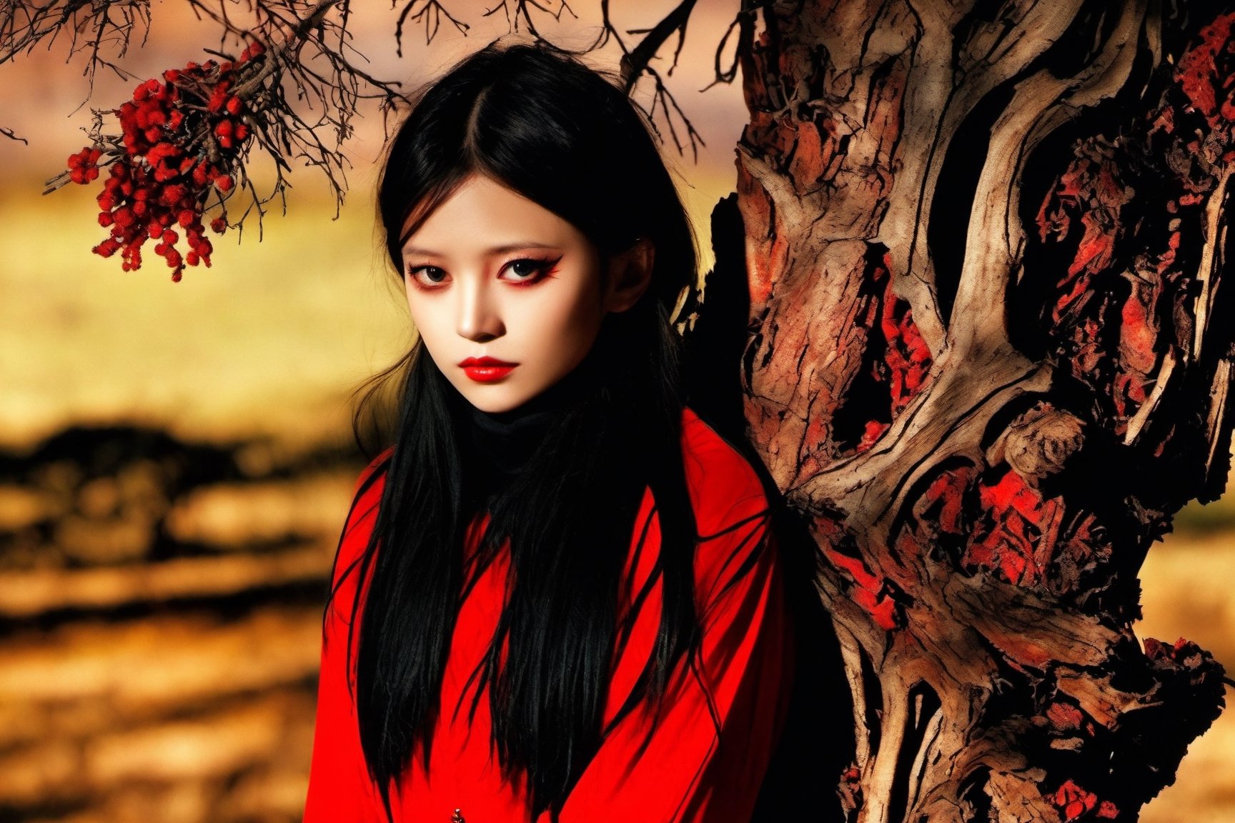 masterpiece, best quality, close up,girl standing under the dead tree, half body,black and red palette, eerie,mggirl