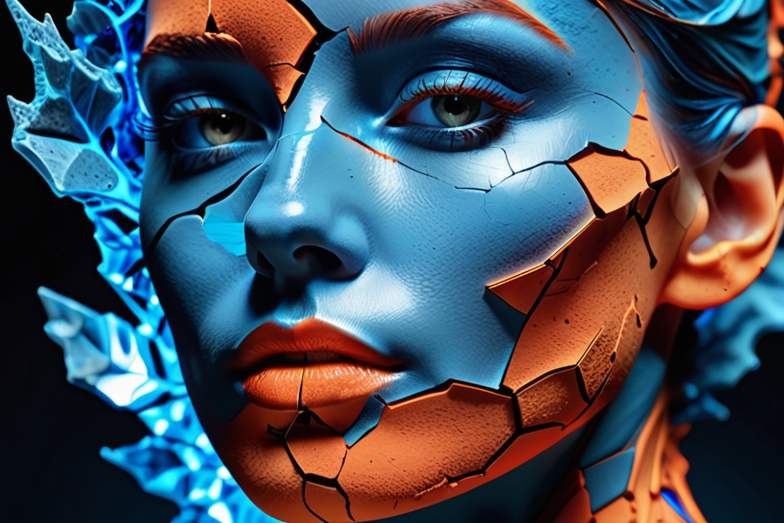 a close up of a person's face on a cracked surface, inspired by Alberto Seveso, featured on zbrush central, orange fire/blue ice duality!, portrait of an android, fractal human silhouette, red realistic 3 d render, blue and orange, subject made of cracked clay, woman, made of lava