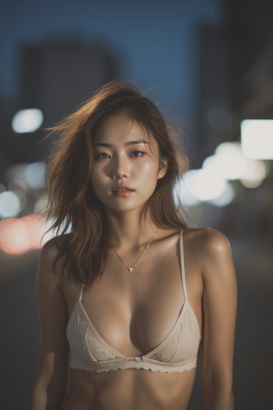 (from below:1.4). 27 year old girl, slim waist, tan lines, deep photo, depth of field, Superia 400, shadows, messy hair, perfect face and body, dark, nighttime, dark photo, grainy, seductive smirk, ((eyes closed)), korean girl, ,xxmixgirl,xxmix_girl