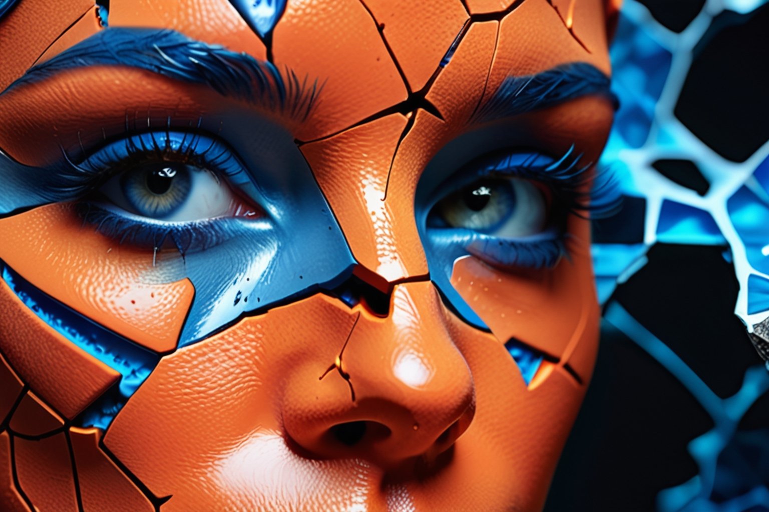 a close up of a person's face on a cracked surface, inspired by Alberto Seveso, featured on zbrush central, orange fire/blue ice duality!, portrait of an android, fractal human silhouette, red realistic 3 d render, blue and orange, subject made of cracked clay, woman, made of lava