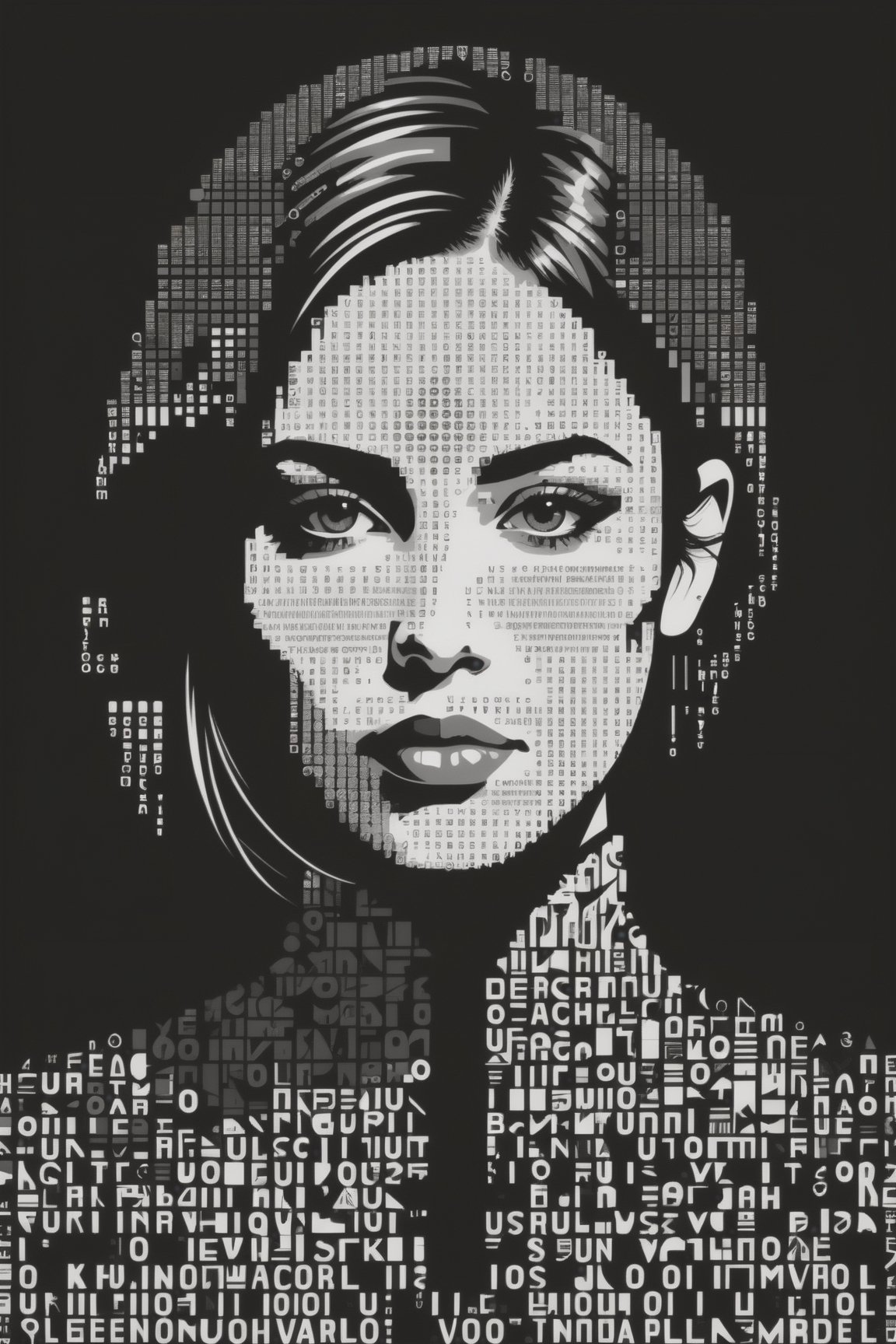 1girl,portrait composed of typographical elements,ASCII art aesthetic,monochrome,intricate details,creative use of letter shapes and negative space,high contrast,post-digital,