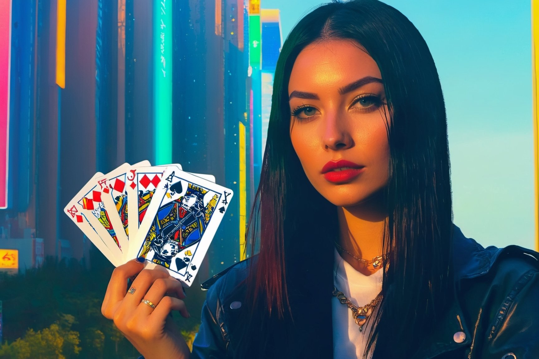 1girl, magician, show a deck of card, ace of spade,aw0k euphoric style,cyberpunk style