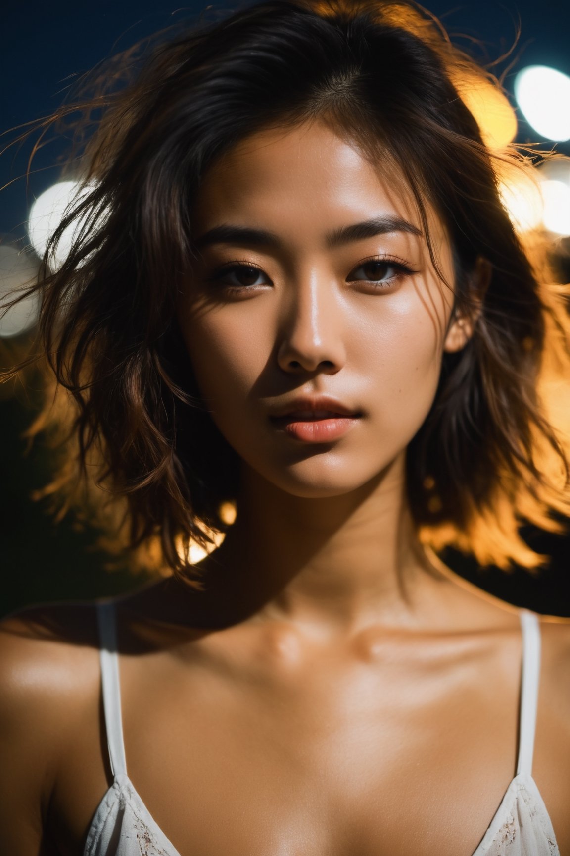 xxmixgirl, (from below:1.4). 27 year old girl, slim waist, tan lines, deep photo, depth of field, Superia 400, shadows, messy hair, perfect face and body, dark, nighttime, dark photo, grainy, seductive smirk, ((eyes closed)), korean girl, 